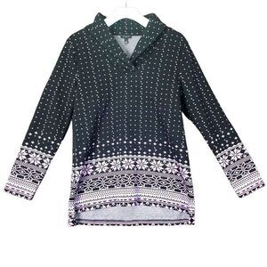 TALBOTS Women Tunic Sweater SZ M Fair Isle Jacquard‎ Shawl Collar Black Pink Dot